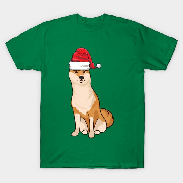 Santa Hat-Wearing Doge Shiba Inu Funny Christmas Holiday T-Shirt by Contentarama